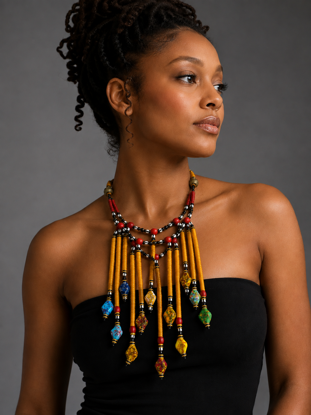 African Krobo Bead Fringe Necklace | Handmade Statement Collar | Vinyl Disc Beads | Yellow)