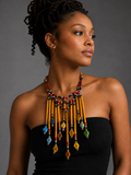 African Krobo Bead Fringe Necklace | Handmade Statement Collar | Vinyl Disc Beads | Yellow)