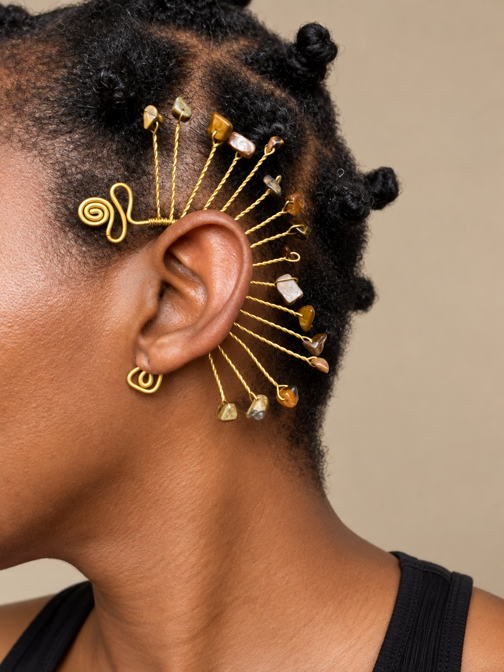 Brass Wire Ear Cuff | Non Pierced Statement Jewelry | Brown Stone Accent | Handmade Wire