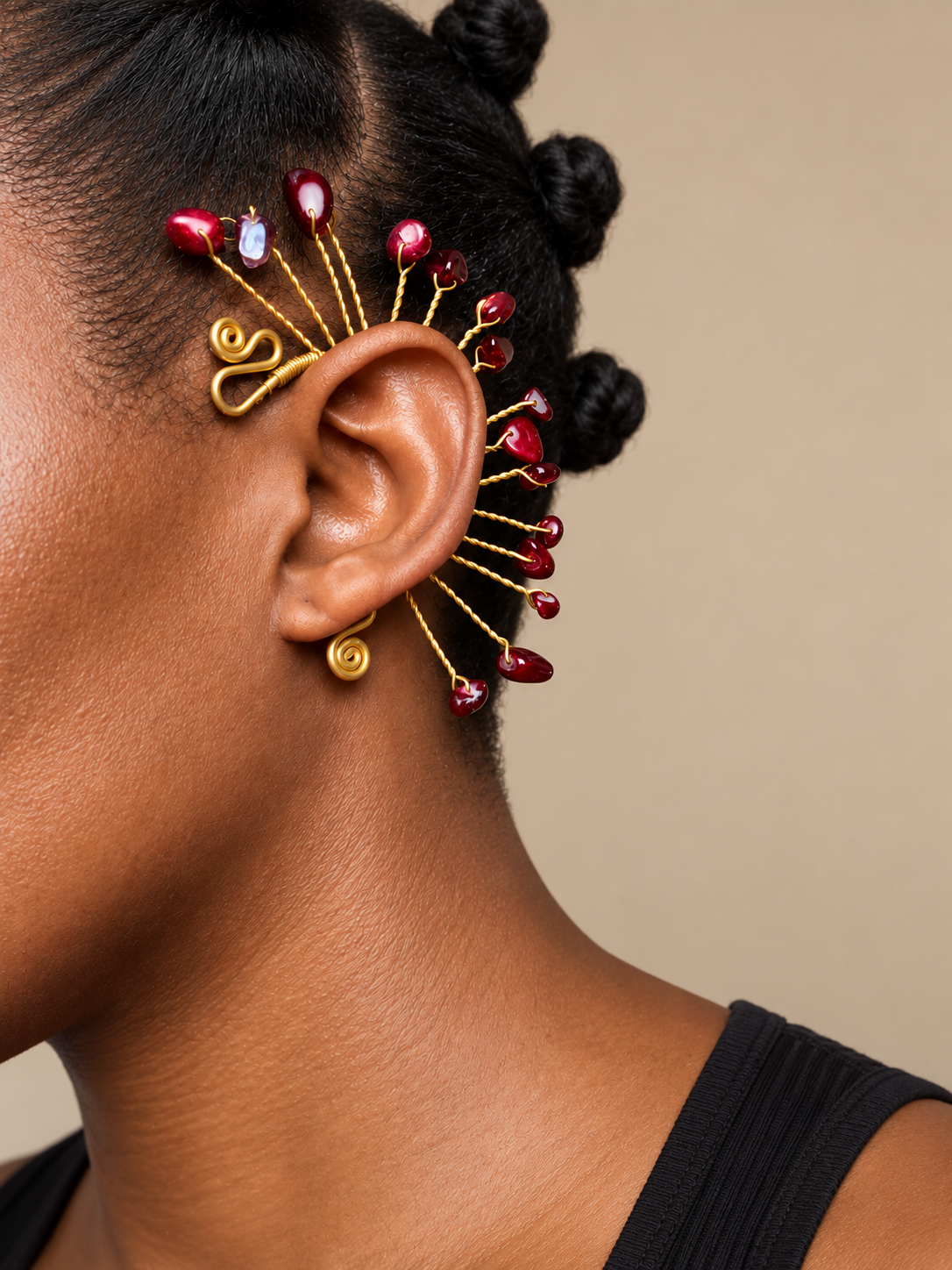 Bohemian Brass Ear Cuff | Non Pierced Statement Jewelry | Garnet Red Stone Accent | Handmade Wire