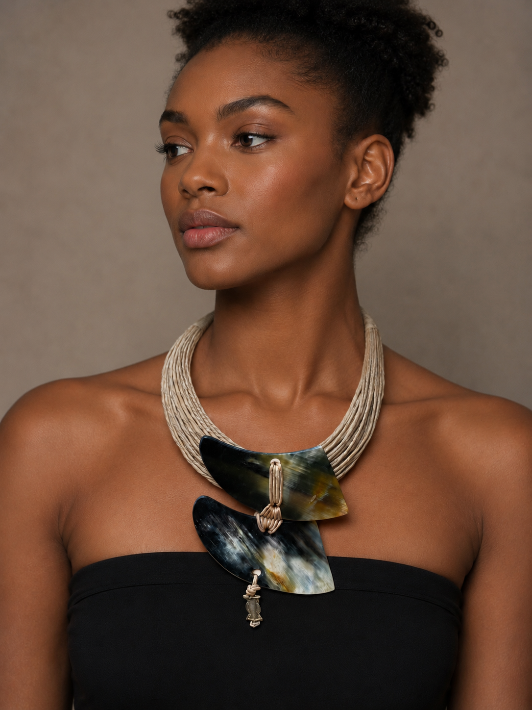 Natural Horn, Leather & Brass Statement Necklace