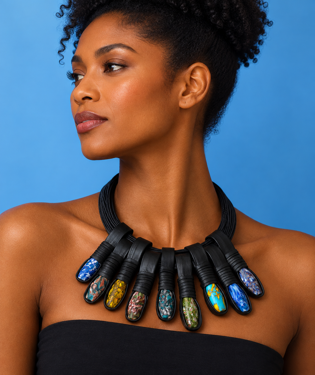 Black Dawn Leather & Krobo Glass Necklace – African Statement Collar | Ayo & Aye