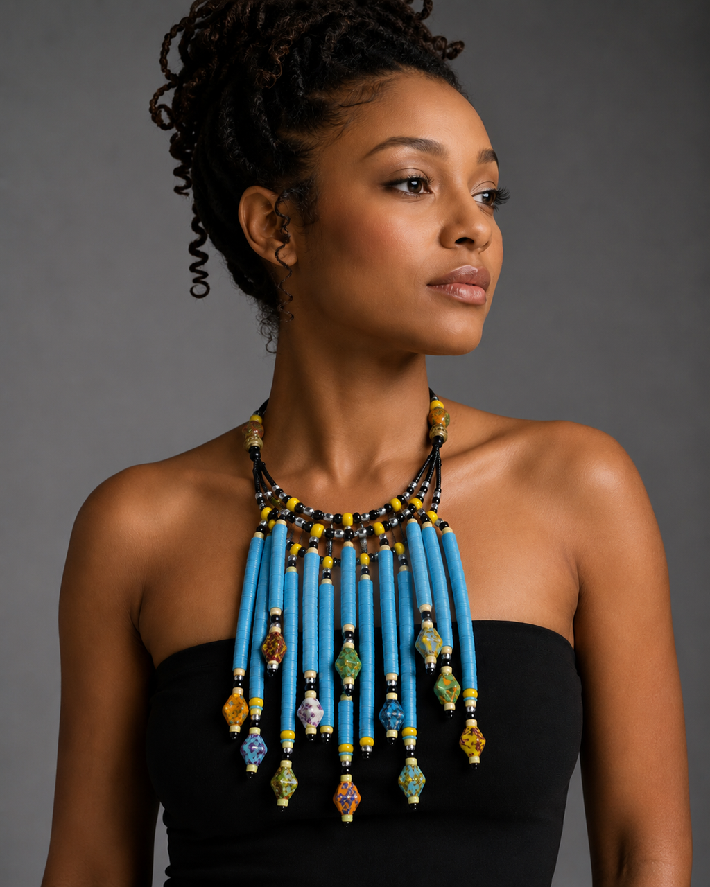African Krobo Bead Fringe Necklace | Handmade Statement Collar | Vinyl Disc Beads |Blue