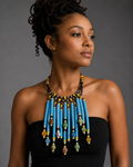 African Krobo Bead Fringe Necklace | Handmade Statement Collar | Vinyl Disc Beads |Blue