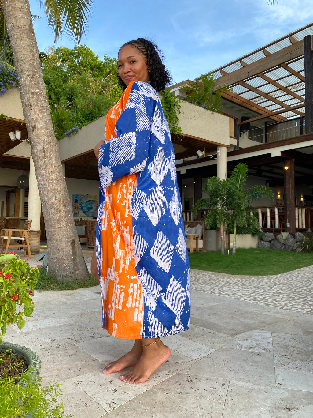 The Kumi Resort Kimono — Indigo Diamond & Sunset Orange Batik, 100% Cotton (M-L)