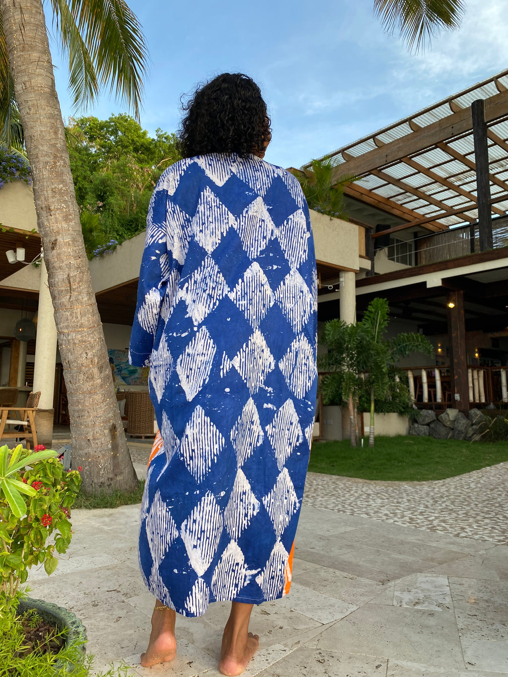 The Kumi Resort Kimono — Indigo Diamond & Sunset Orange Batik, 100% Cotton (M-L)