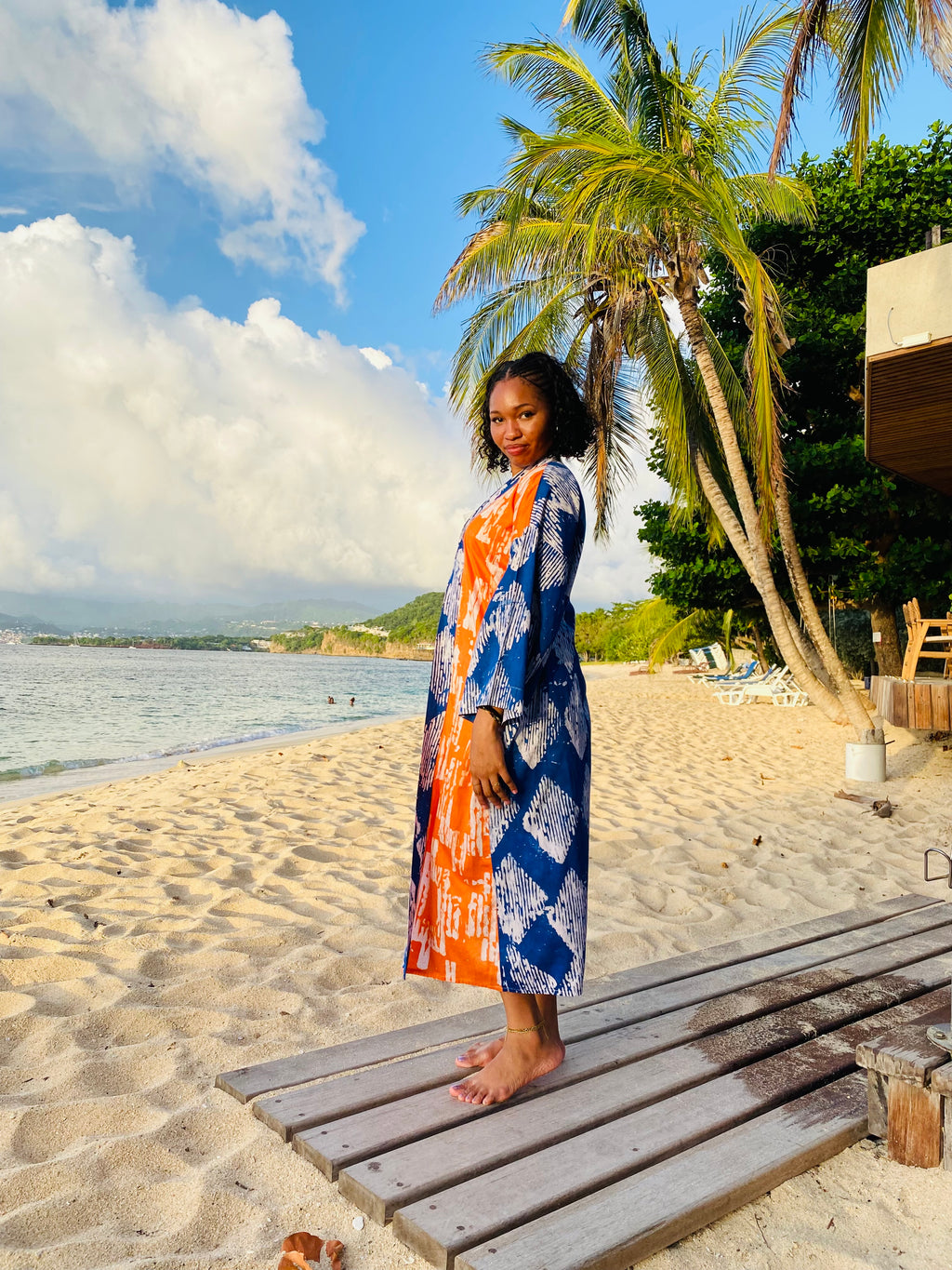 The Kumi Resort Kimono — Indigo Diamond & Sunset Orange Batik, 100% Cotton (M-L)