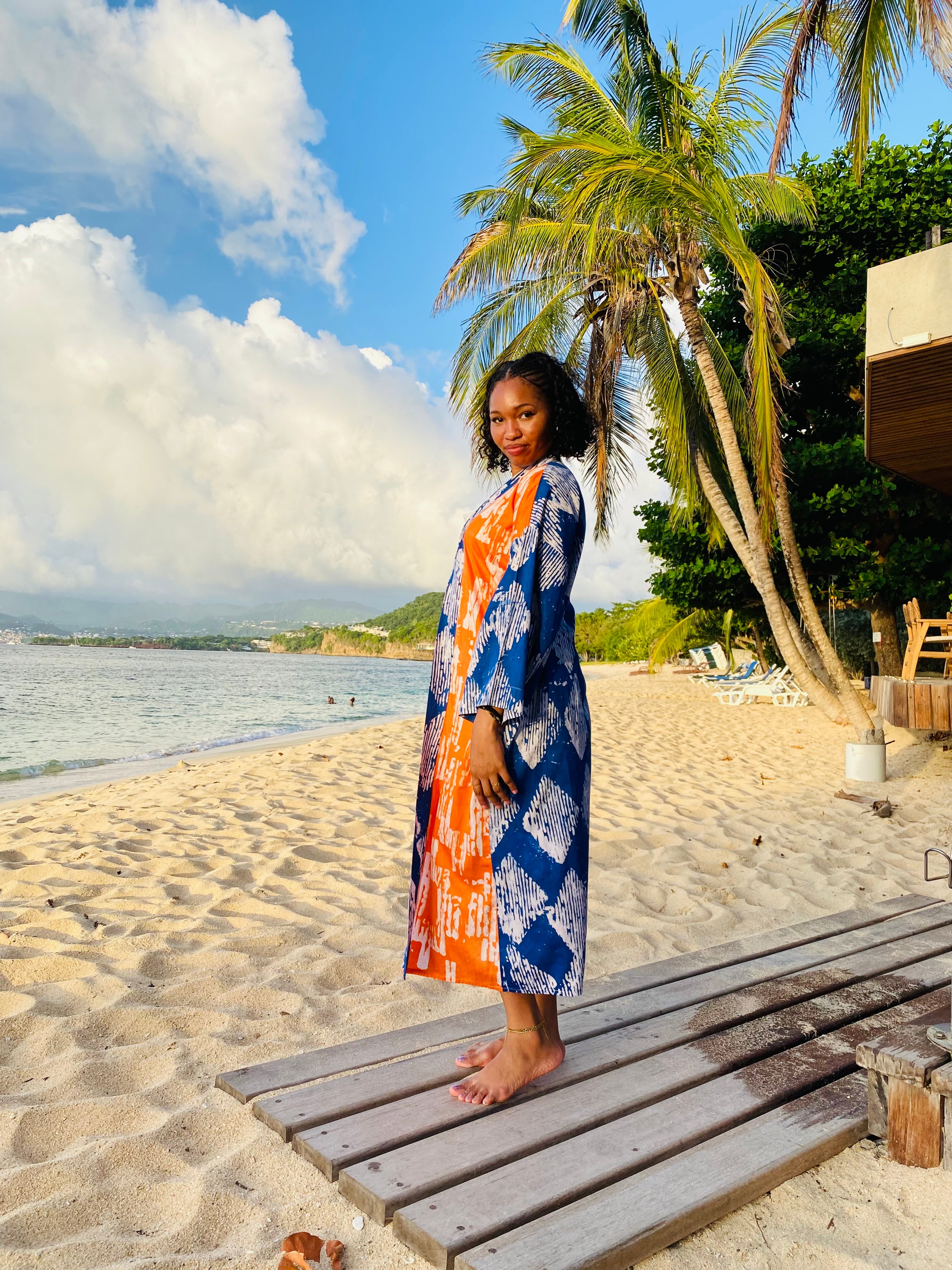 The Kumi Resort Kimono — Indigo Diamond & Sunset Orange Batik, 100% Cotton (M-L)