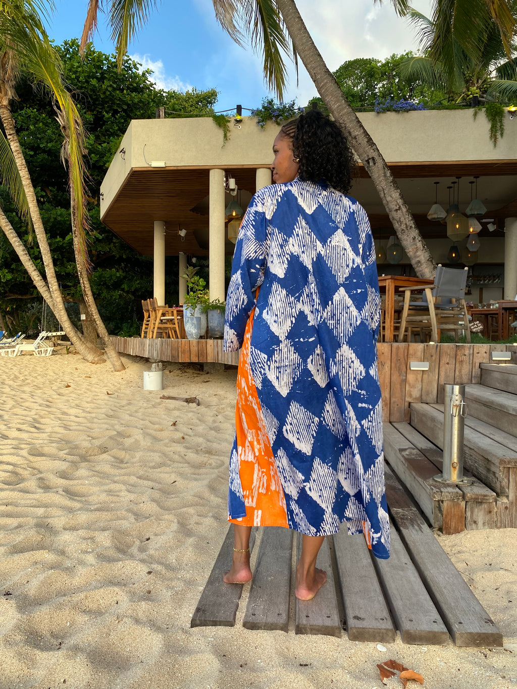The Kumi Resort Kimono — Indigo Diamond & Sunset Orange Batik, 100% Cotton (M-L)