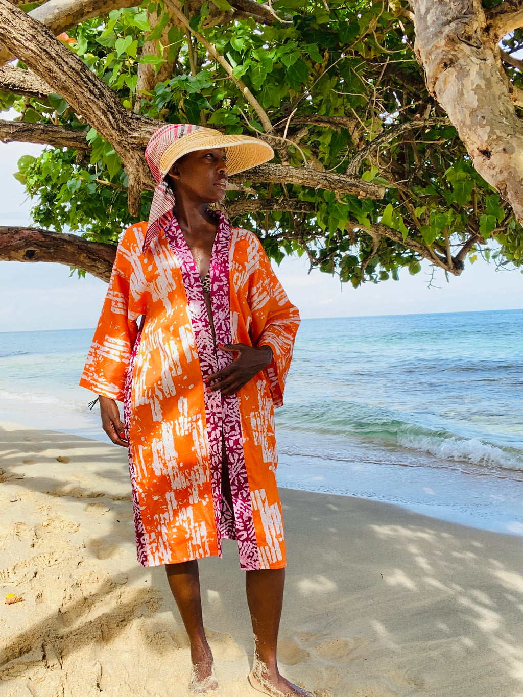 The Kumi Resort Kimono — Sunset & Hibiscus Artisanal Batik Mix, 100% Cotton (M-L)