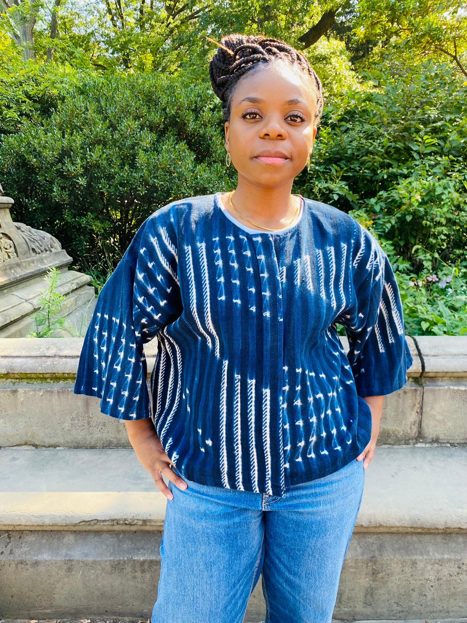Authentic Resist-dyed Indigo, West African Mud Cloth (#21). Handwoven, round-neck button-down. (M/L)