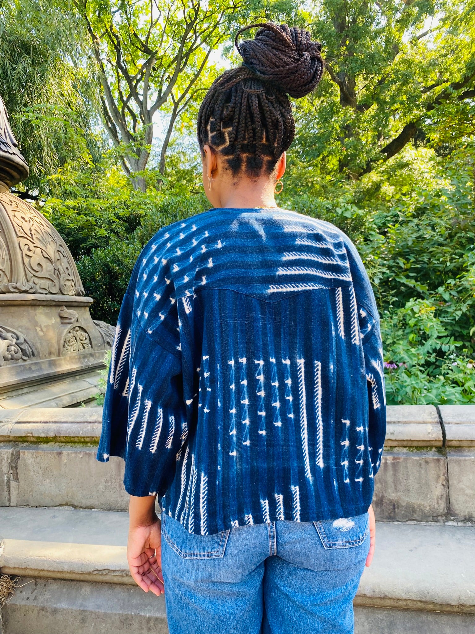 Authentic Resist-dyed Indigo, West African Mud Cloth (#21). Handwoven, round-neck button-down. (M/L)