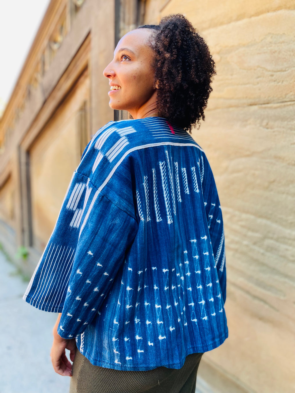 Women's Natural Vintage Indigo Jacket – African Mud Cloth Handwoven Button-Down | Ayo & Aye