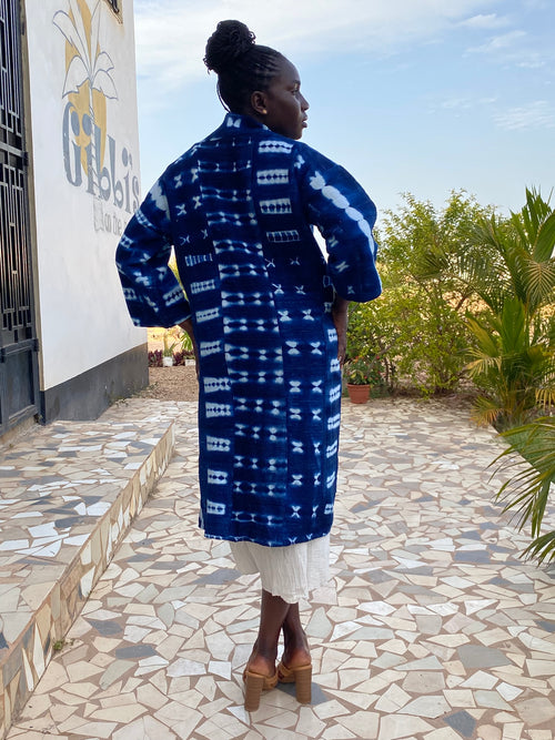 Authentic Resist-Dyed Indigo Duster – Bamana Handwoven Open Front Jacket, No. 04, M/L | Ayo & Aye