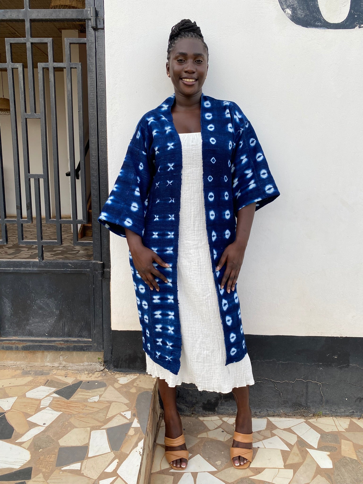 Authentic Resist-Dyed Indigo Duster, Bamana Indigo Cloth, Handwoven Open Front Jacket, No. 06 (L)