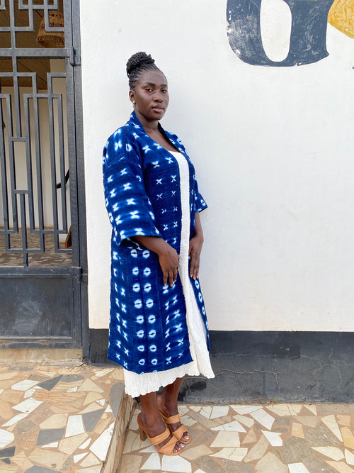 Authentic Resist-Dyed Indigo Duster – Bamana Handwoven Open Front Jacket, No. 06. (L) | Ayo & Aye