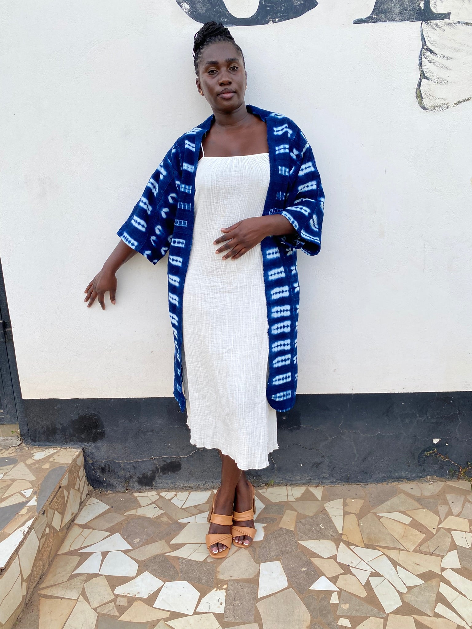 Authentic Resist-Dyed Indigo Duster, Bamana Indigo Cloth, Handwoven Open Front Jacket, No. 05 (S)