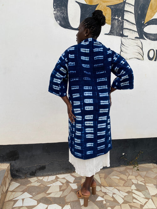 Authentic Resist-Dyed Indigo Duster – Bamana Handwoven Open Front Jacket, No. 05, S | Ayo & Aye