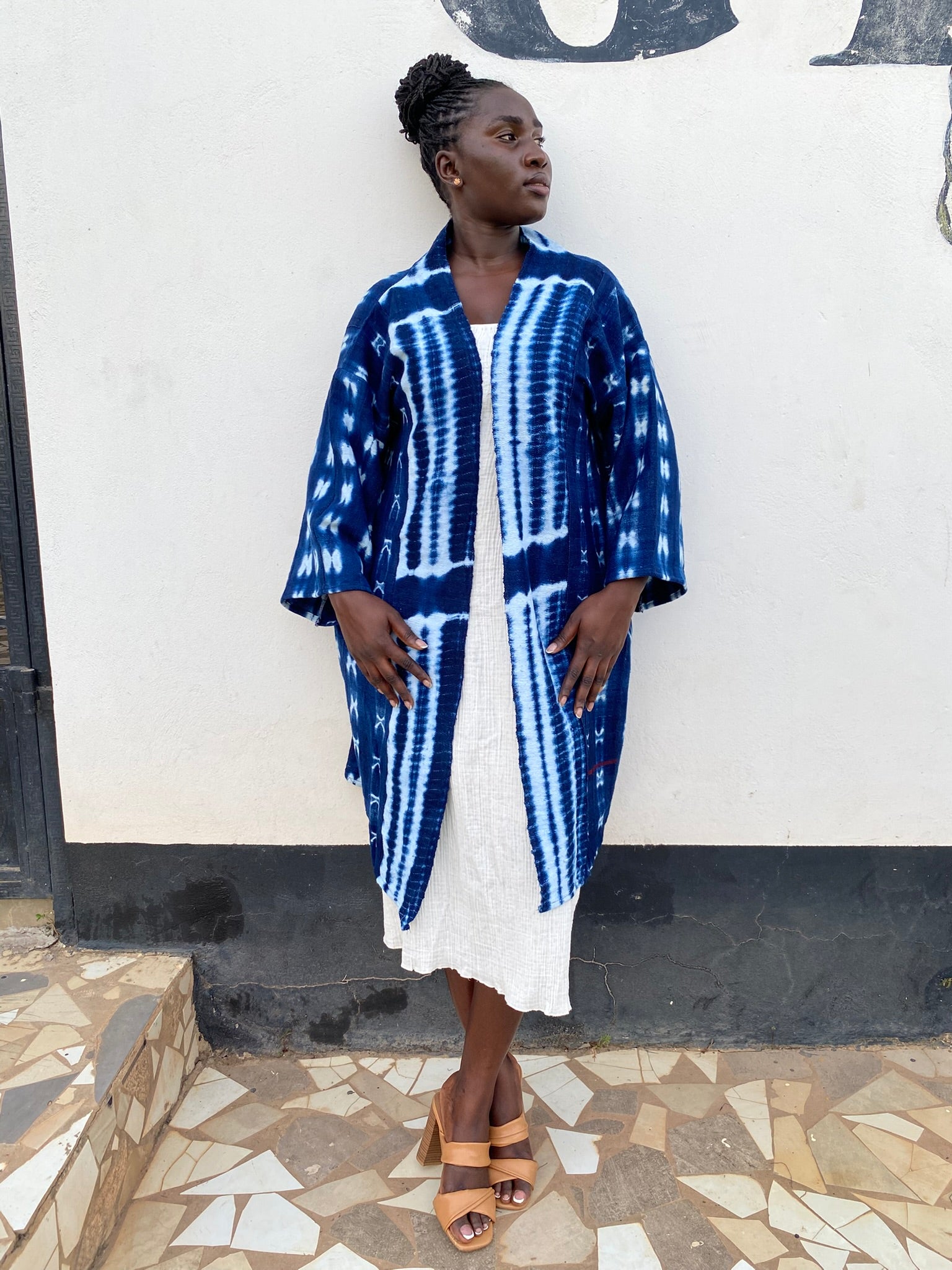 Authentic Resist-Dyed Indigo Duster, Bamana Indigo Cloth, Handwoven Open Front Jacket, No. 08 (L/XL)