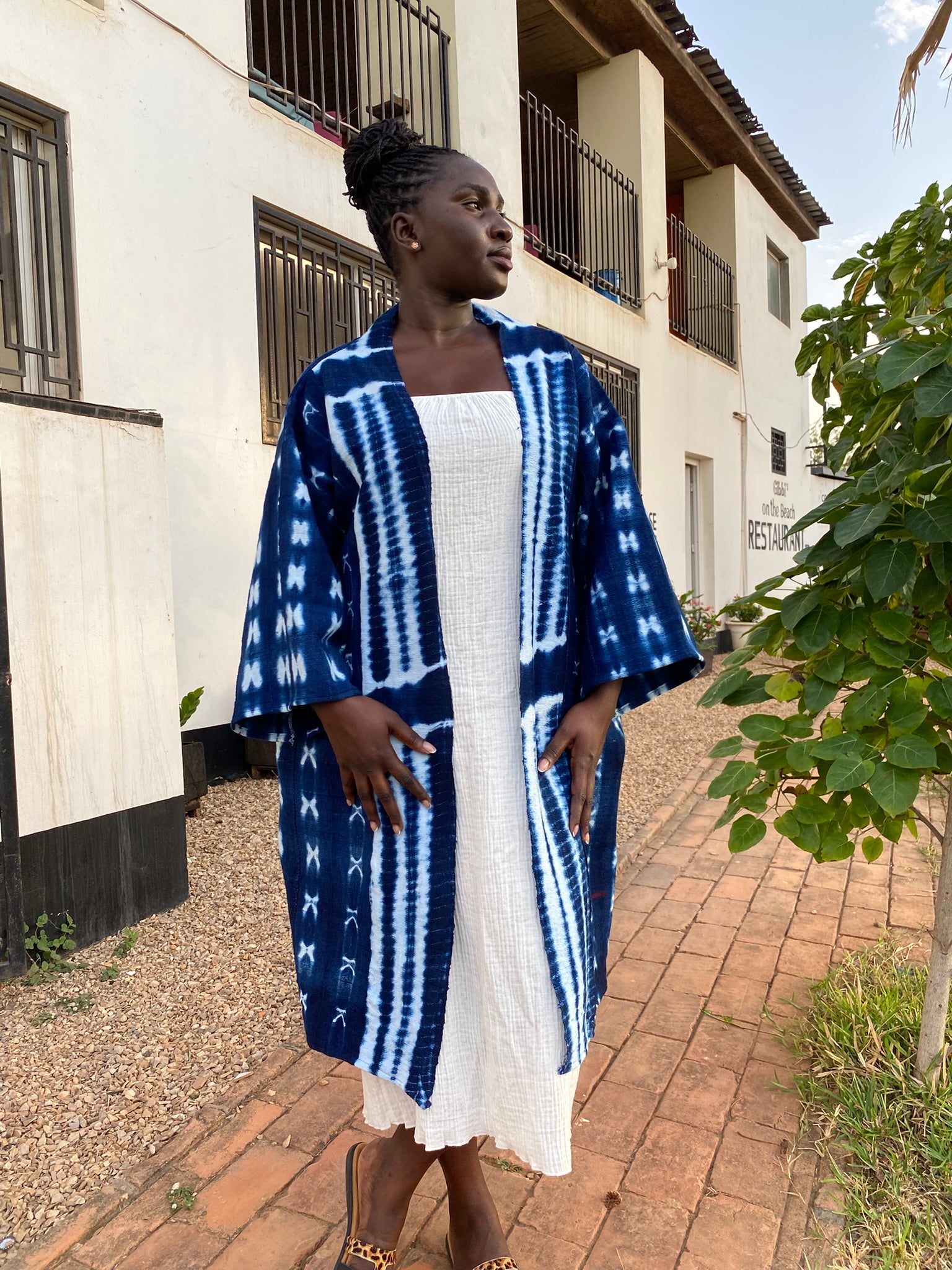 Authentic Resist-Dyed Indigo Duster, Bamana Indigo Cloth, Handwoven Open Front Jacket, No. 08 (L/XL)