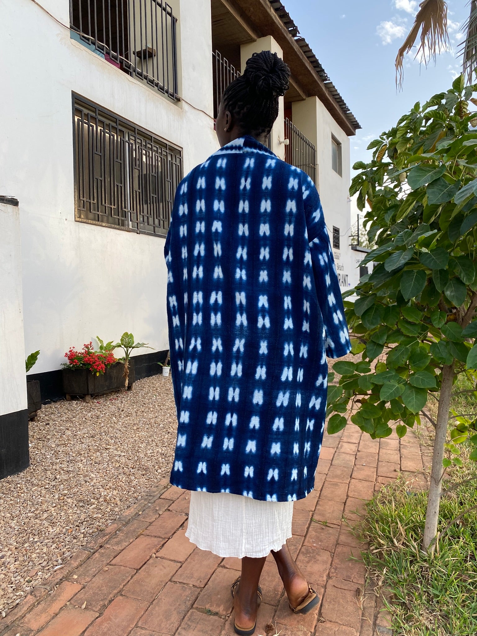 Authentic Resist-Dyed Indigo Duster, Bamana Indigo Cloth, Handwoven Open Front Jacket, No. 08 (L/XL)