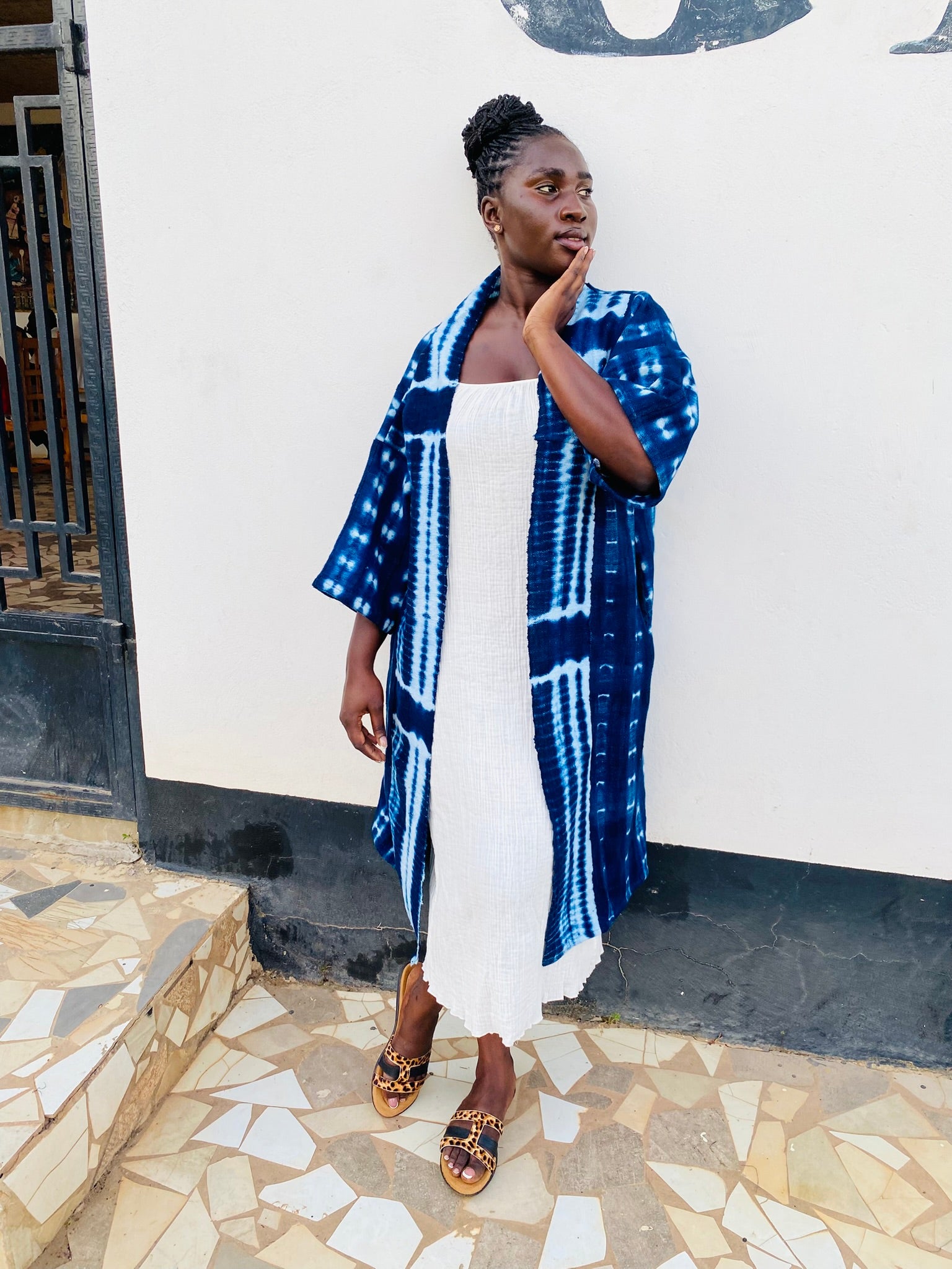 Authentic Resist-Dyed Indigo Duster, Bamana Indigo Cloth, Handwoven Open Front Jacket, No. 11 (L/XL)