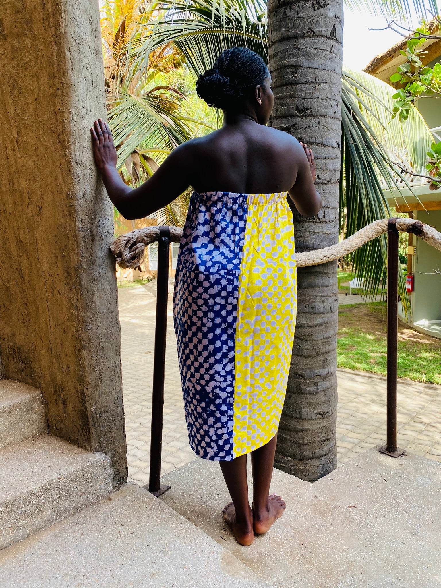 The Bandele Convertible Strapless Dress / Midi Skirt — Hand-Dyed Cotton (Pebble, Blue/Yellow)