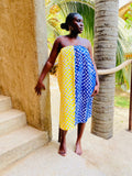 The Bandele Convertible Strapless Dress / Midi Skirt — Hand-Dyed Cotton (Pebble, Blue/Yellow)