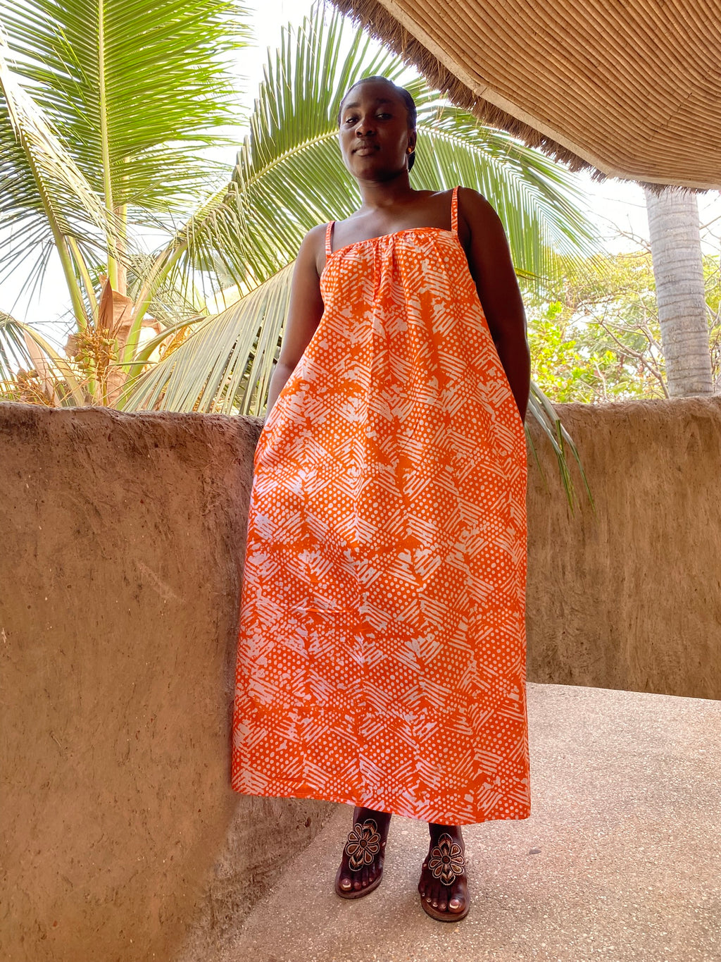 Orange Linework Strappy Back Maxi Dress – Artisanal Resist-Dyed Cotton | Ayo & Aye