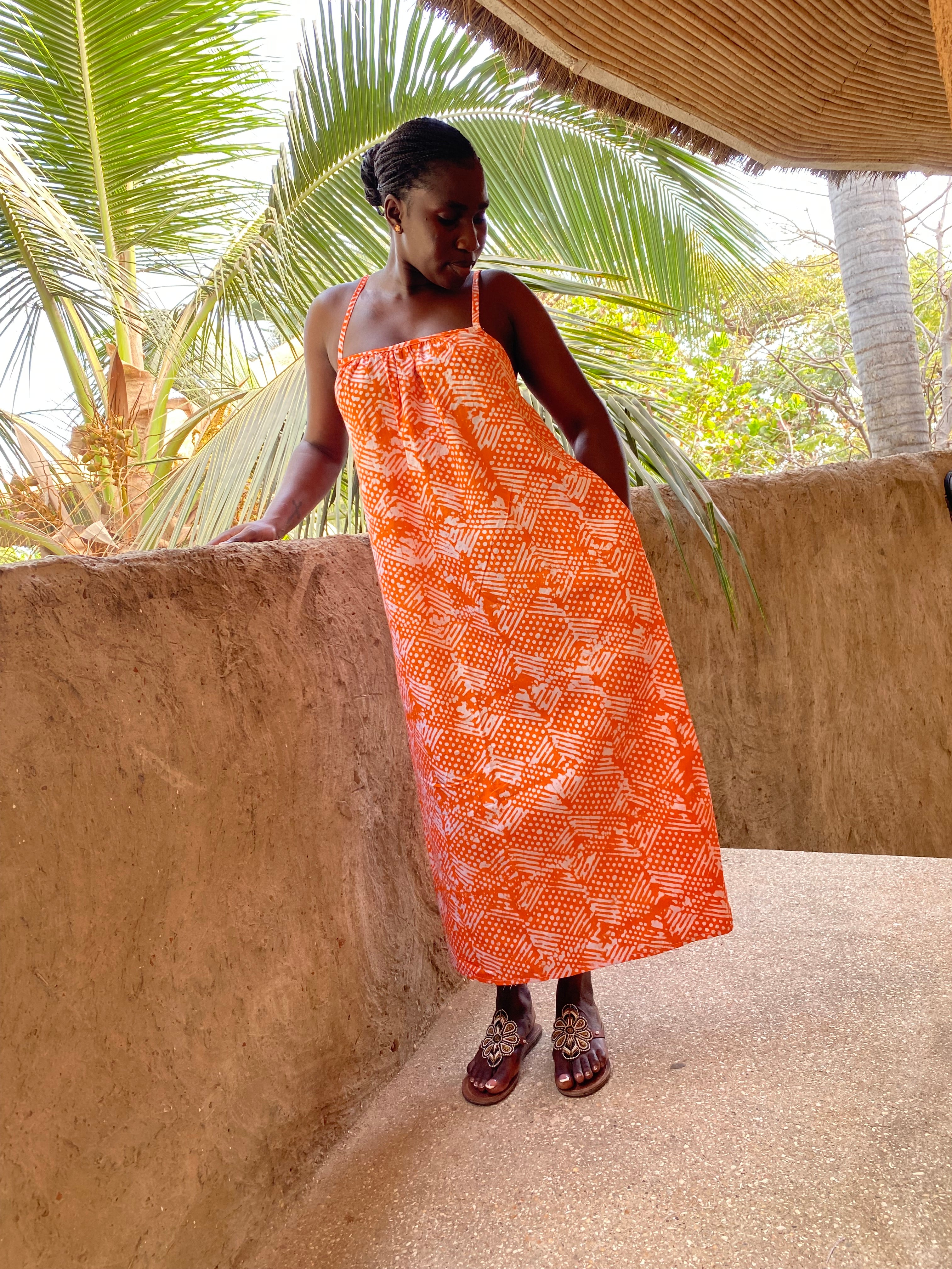Orange Linework Strappy Back Maxi Dress – Artisanal Resist-Dyed Cotton | Ayo & Aye