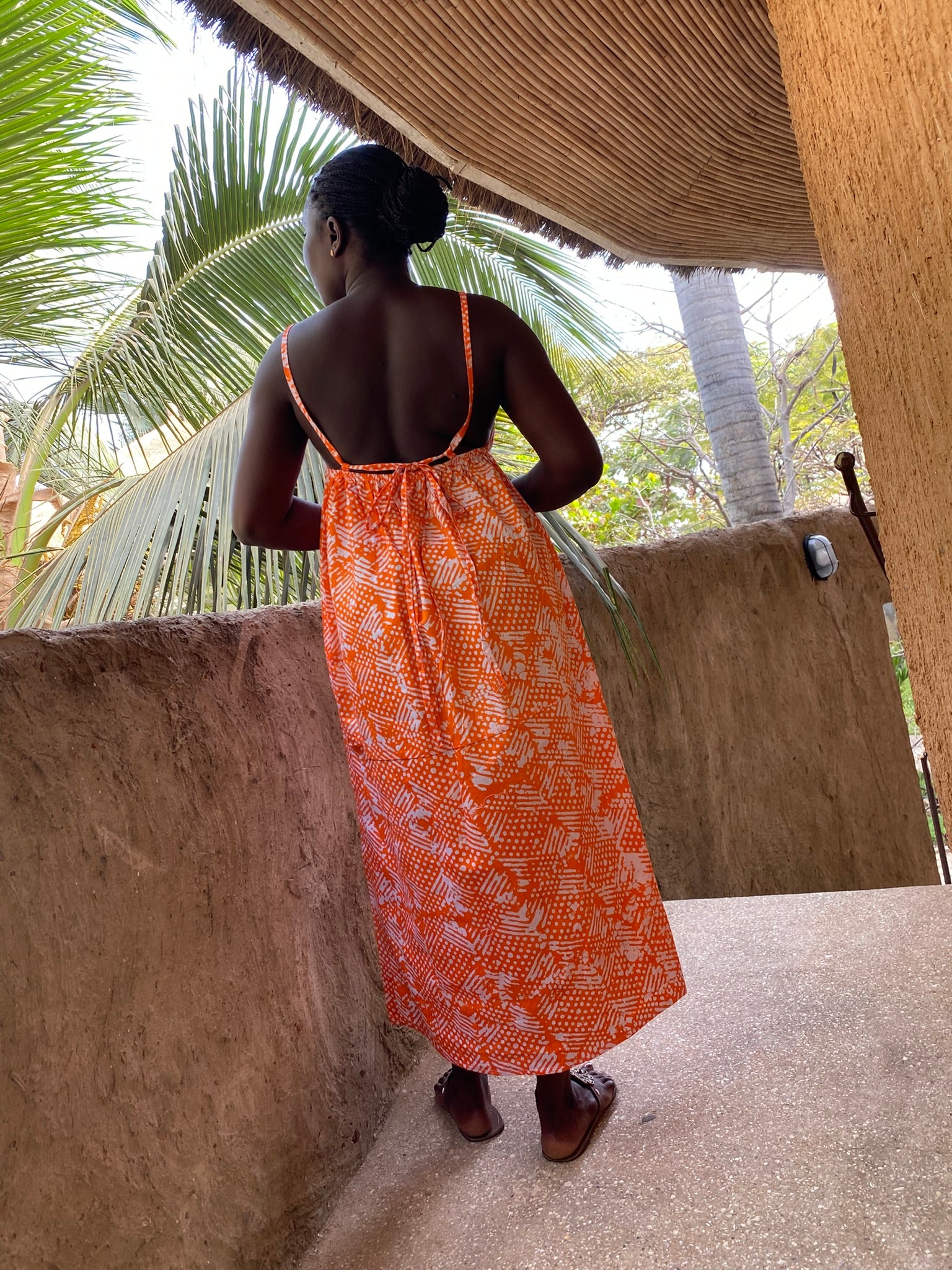 Orange Linework Strappy Back Maxi Dress – Artisanal Resist-Dyed Cotton | Ayo & Aye