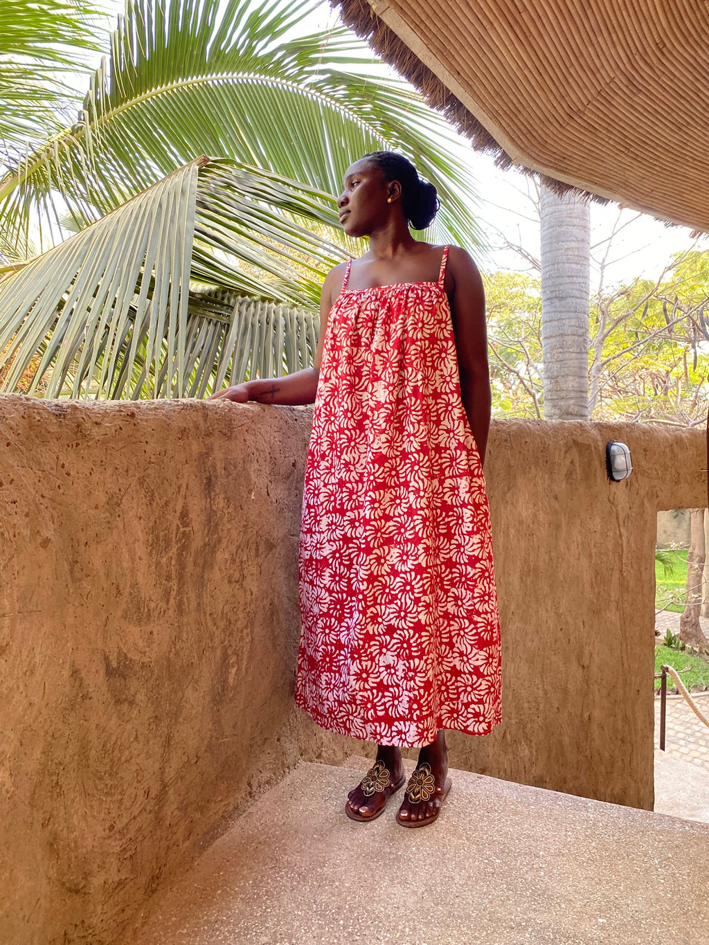 The Awura Strappy Back Maxi Dress — Artisanal Resist-Dyed Cotton (Petals - Red)