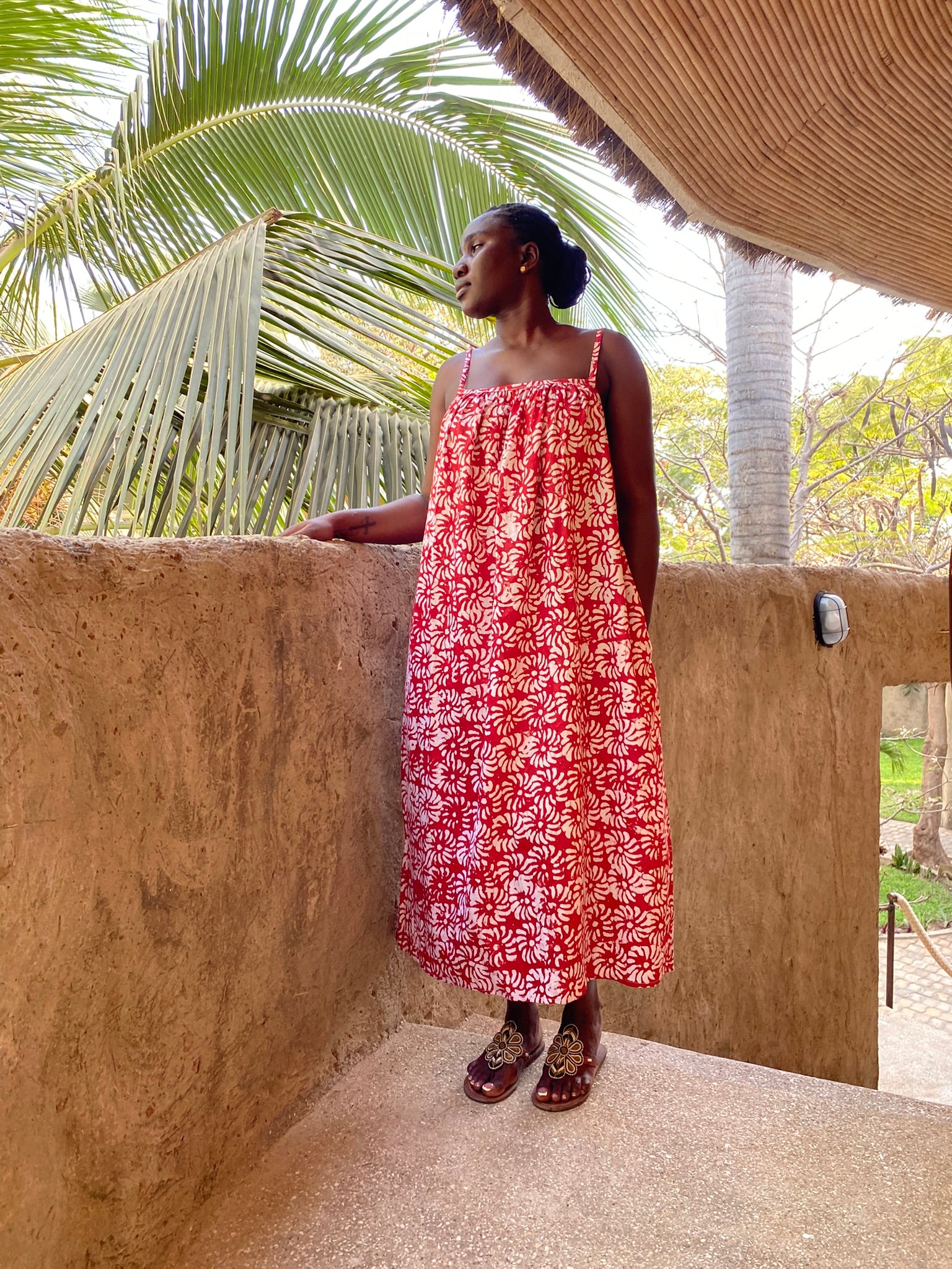 The Awura Strappy Back Maxi Dress — Artisanal Resist-Dyed Cotton (Petals - Red)