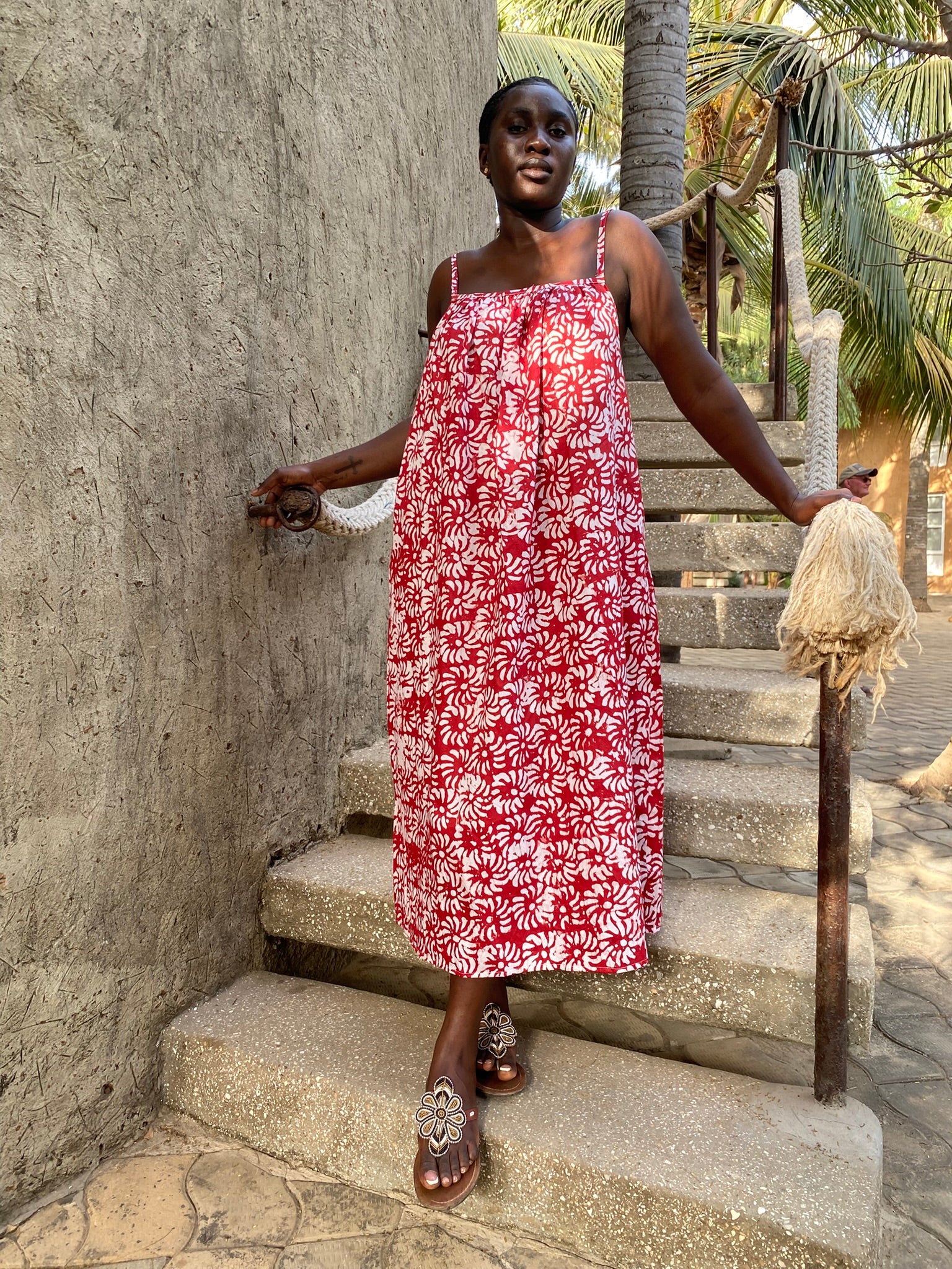 The Awura Strappy Back Maxi Dress — Artisanal Resist-Dyed Cotton (Petals - Red)