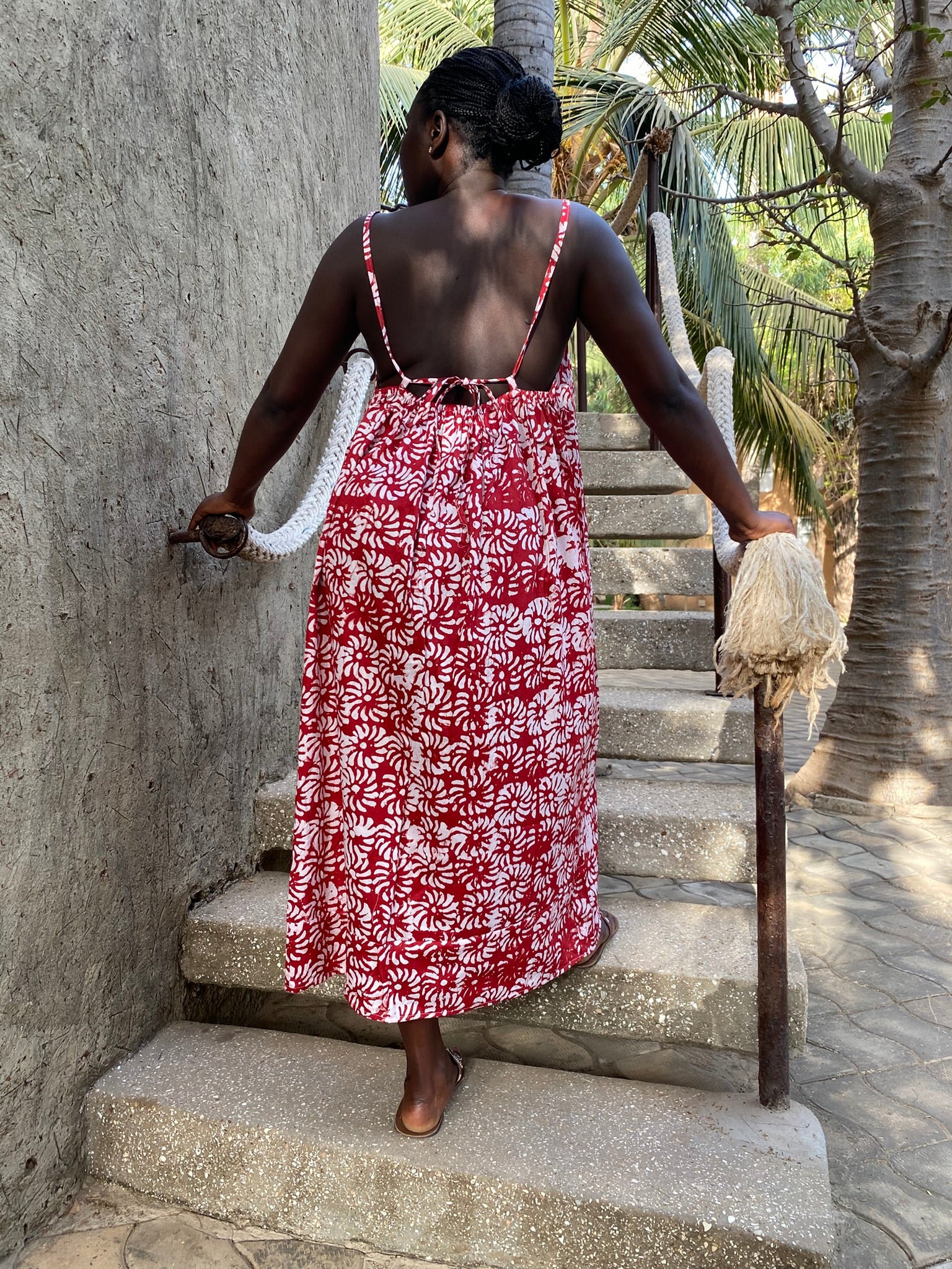 The Awura Strappy Back Maxi Dress — Artisanal Resist-Dyed Cotton (Petals - Red)