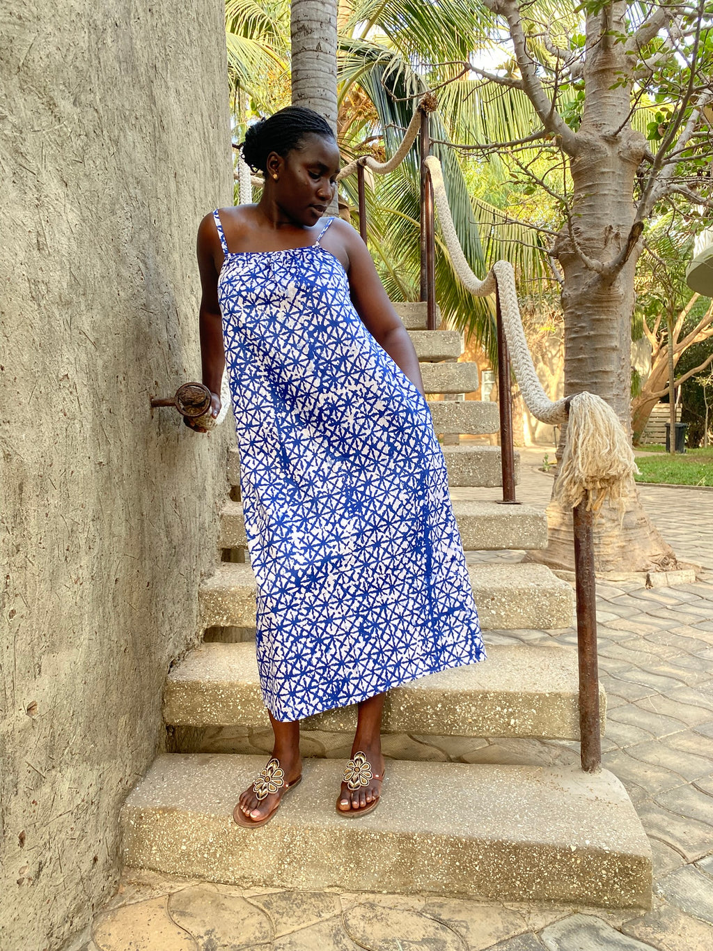 Blue Crossline Strappy Back Maxi Dress – Artisanal Resist-Dyed Cotton | Ayo & Aye