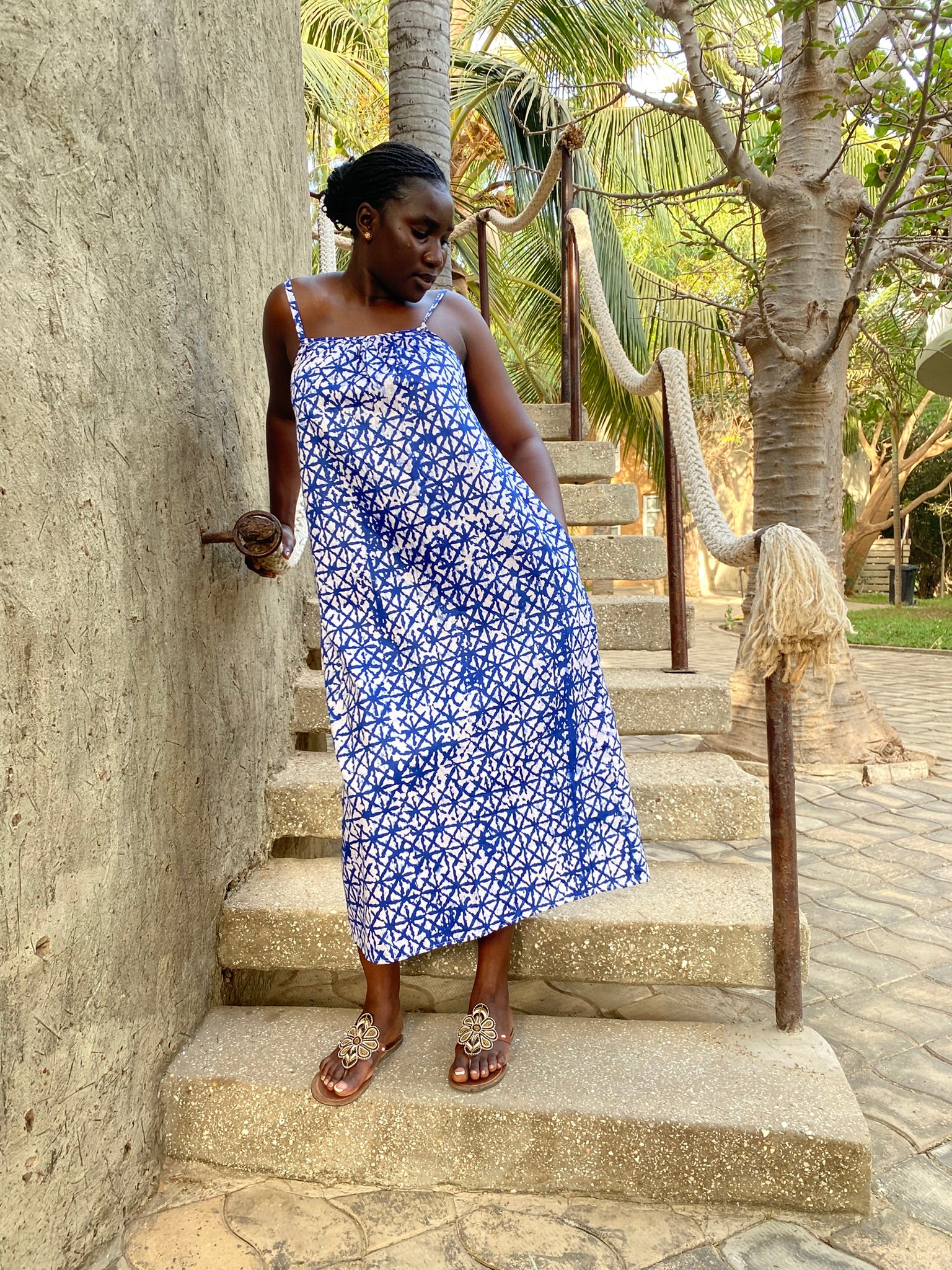 Blue Crossline Strappy Back Maxi Dress – Artisanal Resist-Dyed Cotton | Ayo & Aye