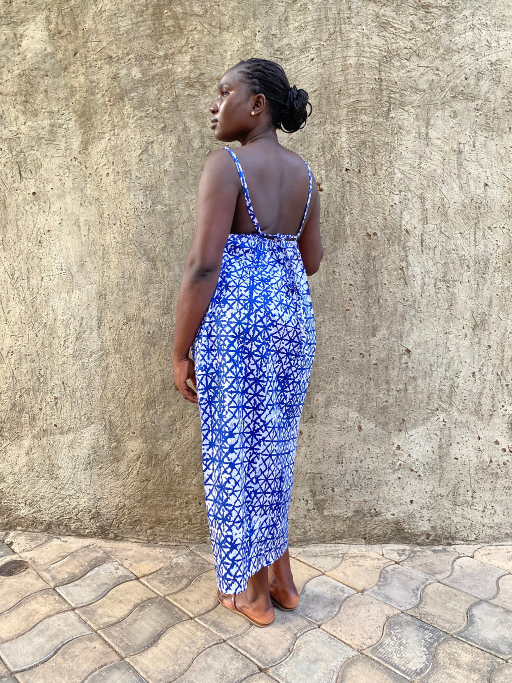 Blue Crossline Strappy Back Maxi Dress – Artisanal Resist-Dyed Cotton | Ayo & Aye