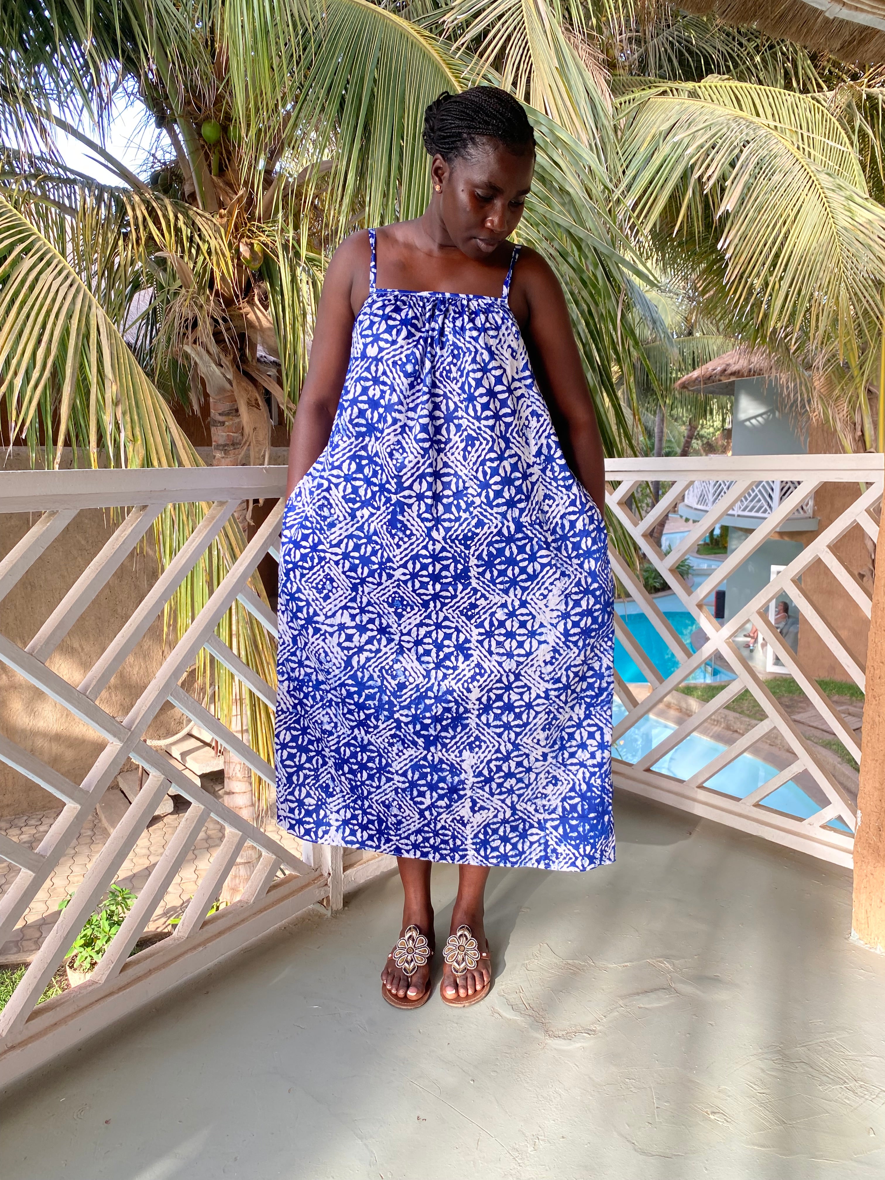 Blue Mosaic Strappy Back Maxi Dress – Artisanal Resist-Dyed Cotton | Ayo & Aye