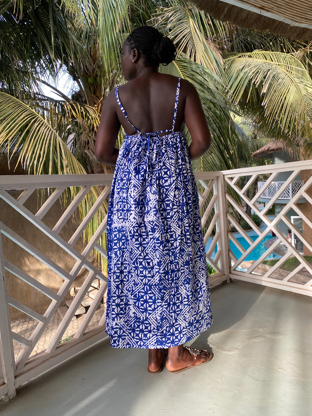 Blue Mosaic Strappy Back Maxi Dress – Artisanal Resist-Dyed Cotton | Ayo & Aye