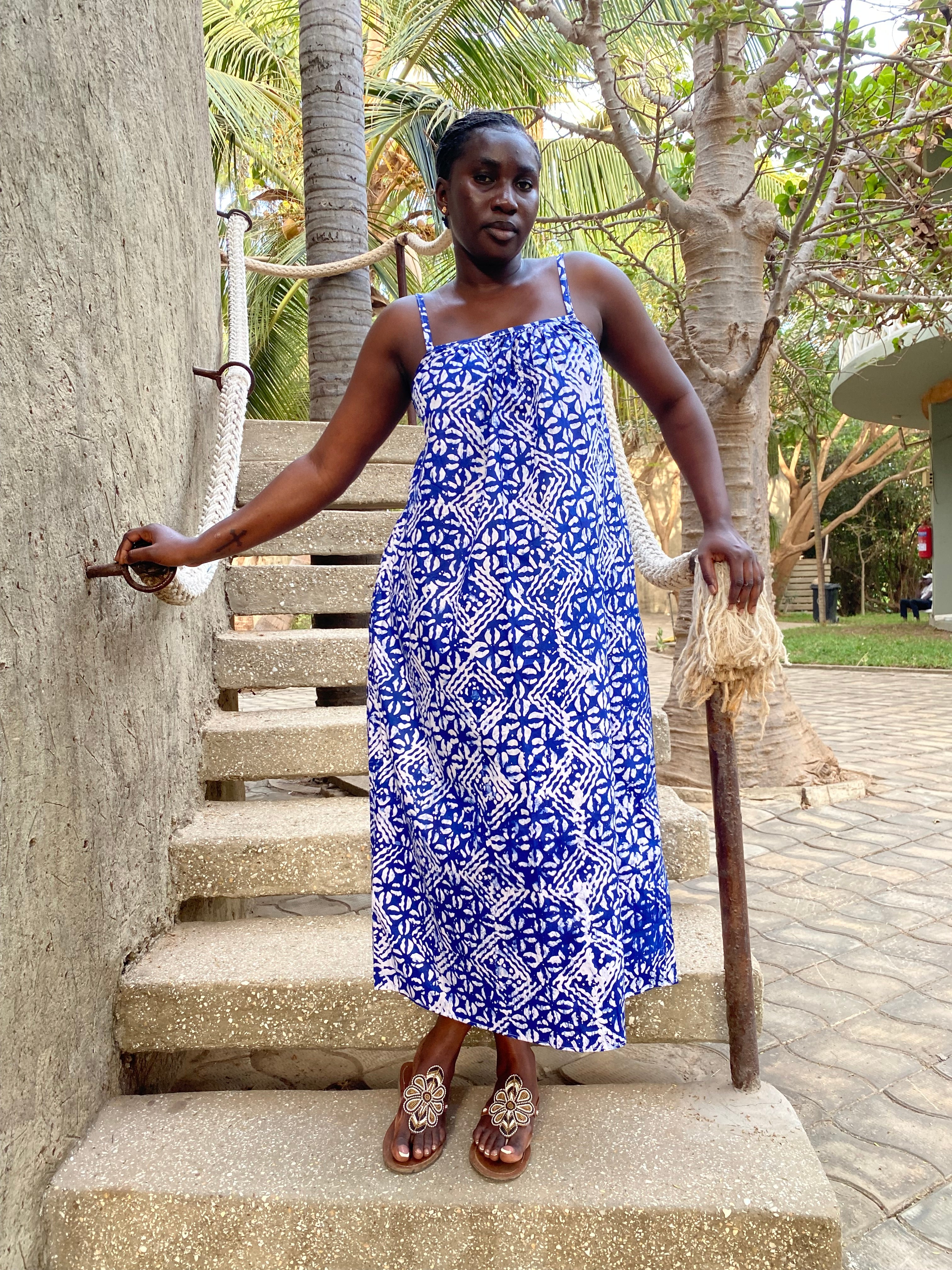 Blue Mosaic Strappy Back Maxi Dress – Artisanal Resist-Dyed Cotton | Ayo & Aye