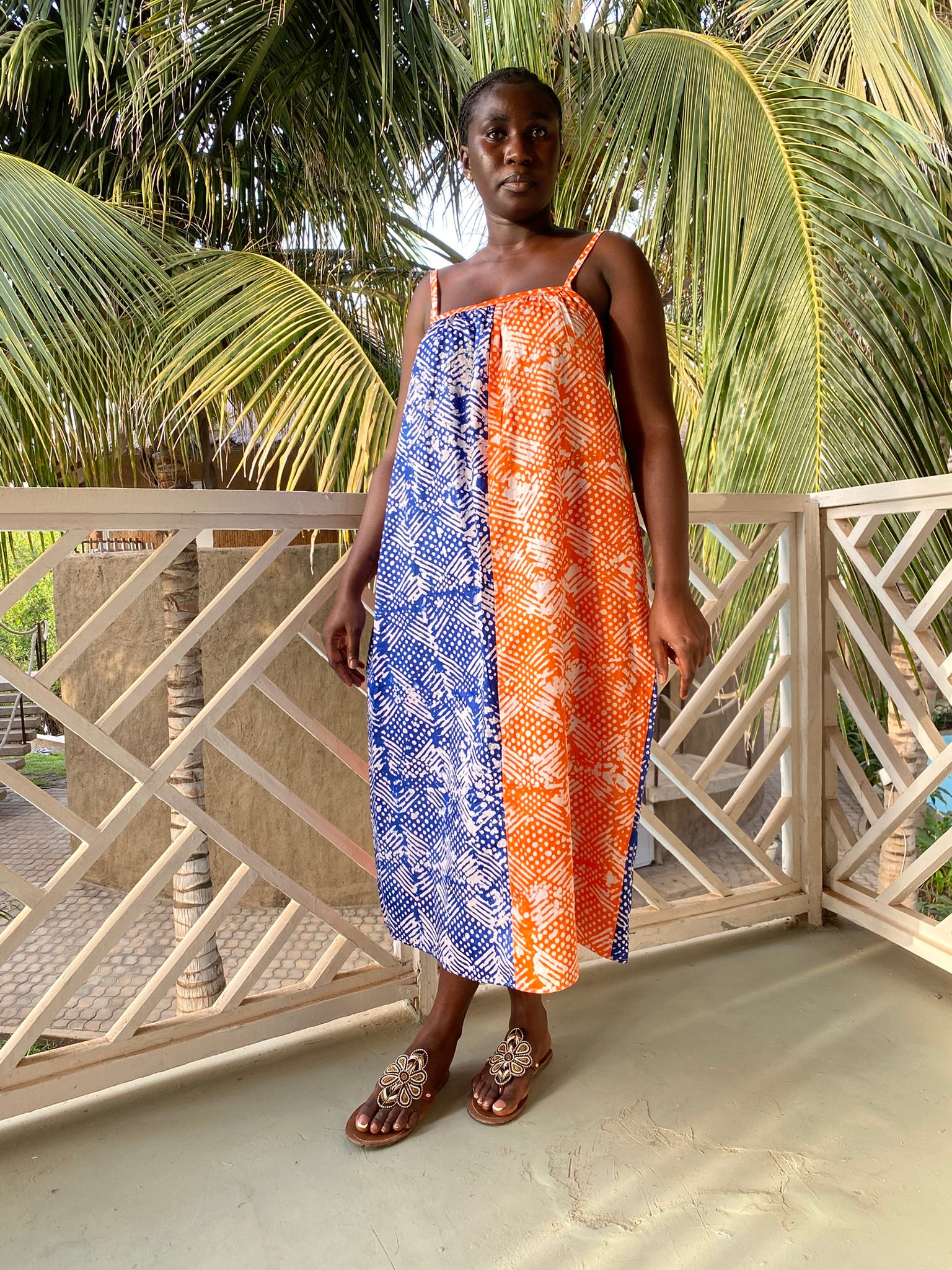 Orange & Blue Dual-Panel Strappy Back Maxi Dress – Resist-Dyed Cotton | Ayo & Aye