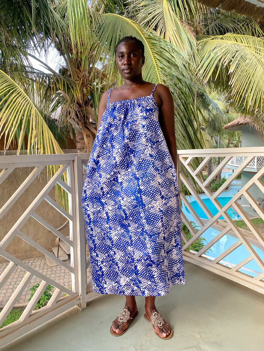 Blue Linework Strappy Back Maxi Dress – Artisanal Resist-Dyed Cotton | Ayo & Aye