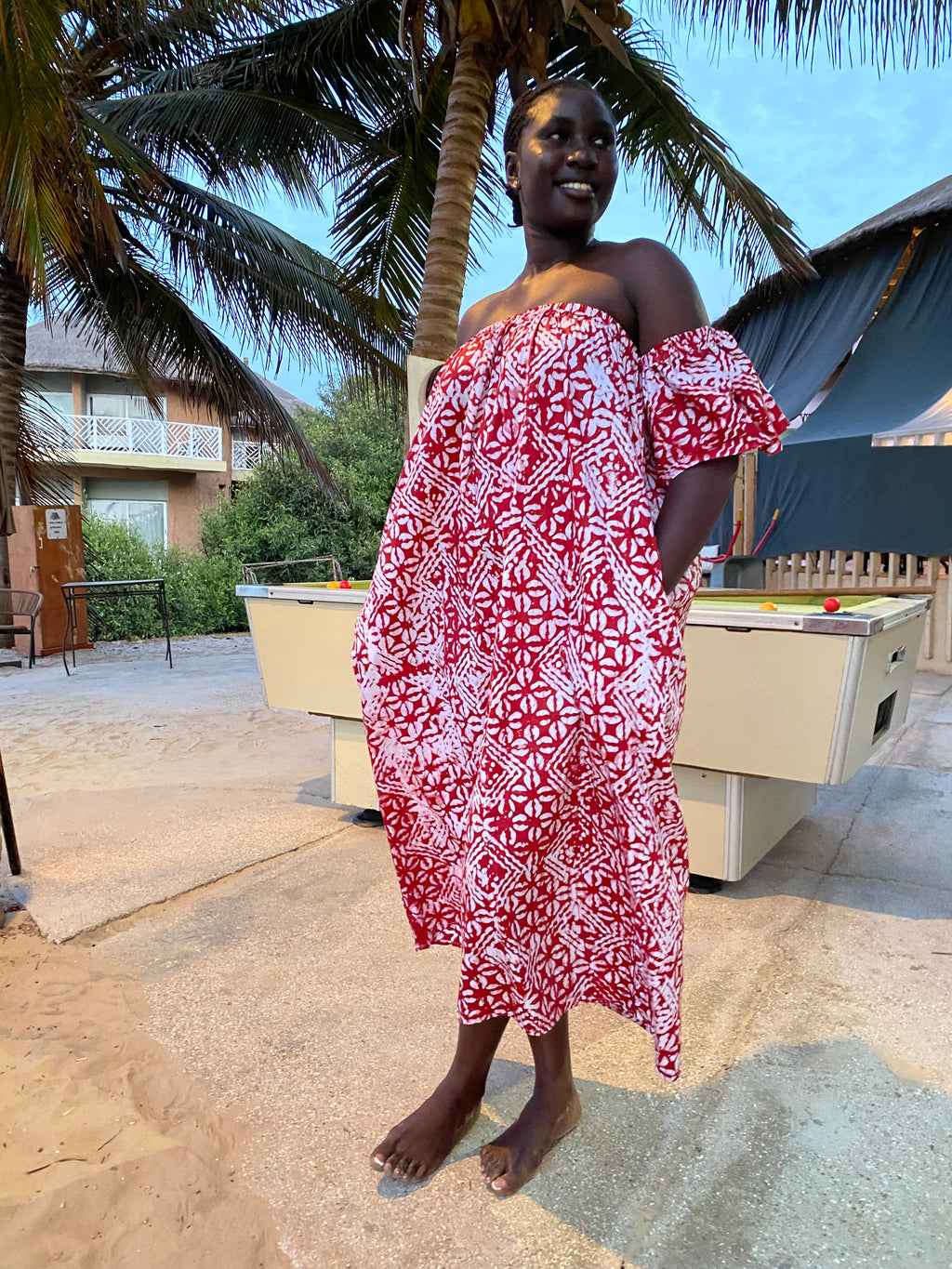 The Alaba Drop Shoulder Maxi Dress — Artisanal Resist-Dyed Cotton (Mosaic - Red)