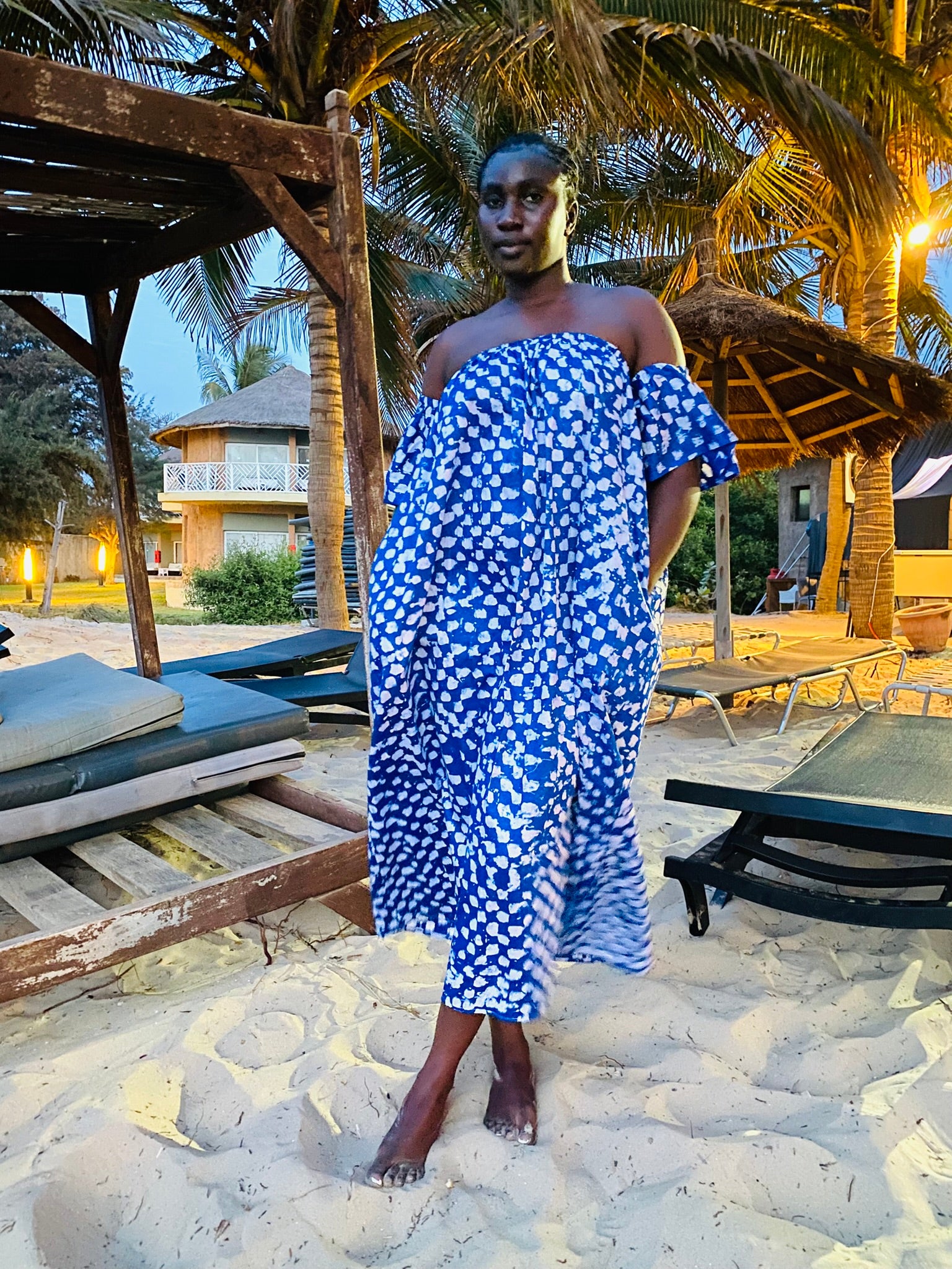 Blue Pebble Drop Shoulder Maxi Dress – Artisanal Resist-Dyed Cotton