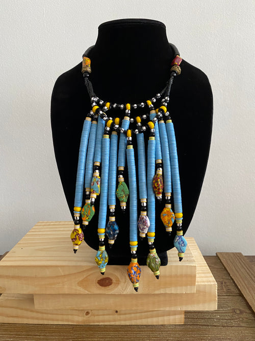 African Krobo Bead Fringe Necklace | Handmade Statement Collar | Vinyl Disc Beads |Blue