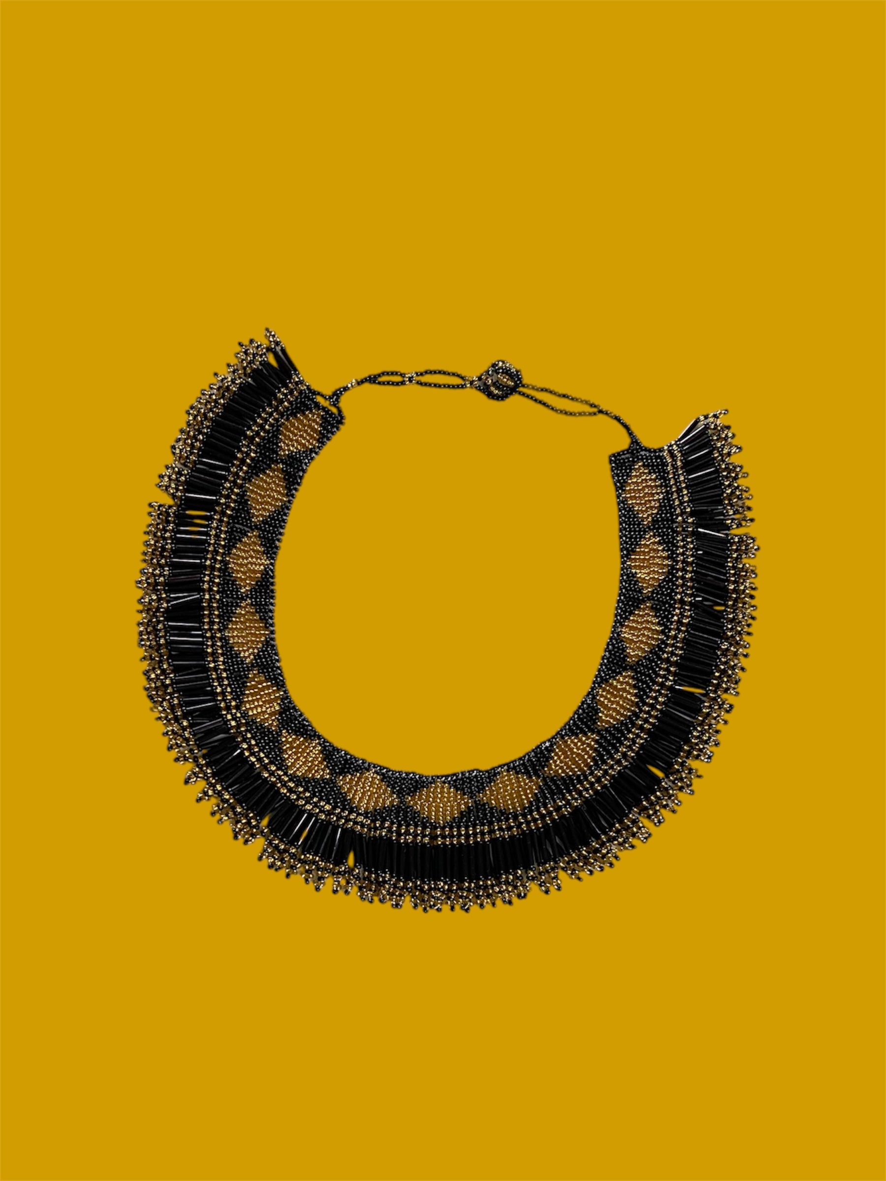 Black & Gold Multi-Strand Glass Bead Collar Necklace