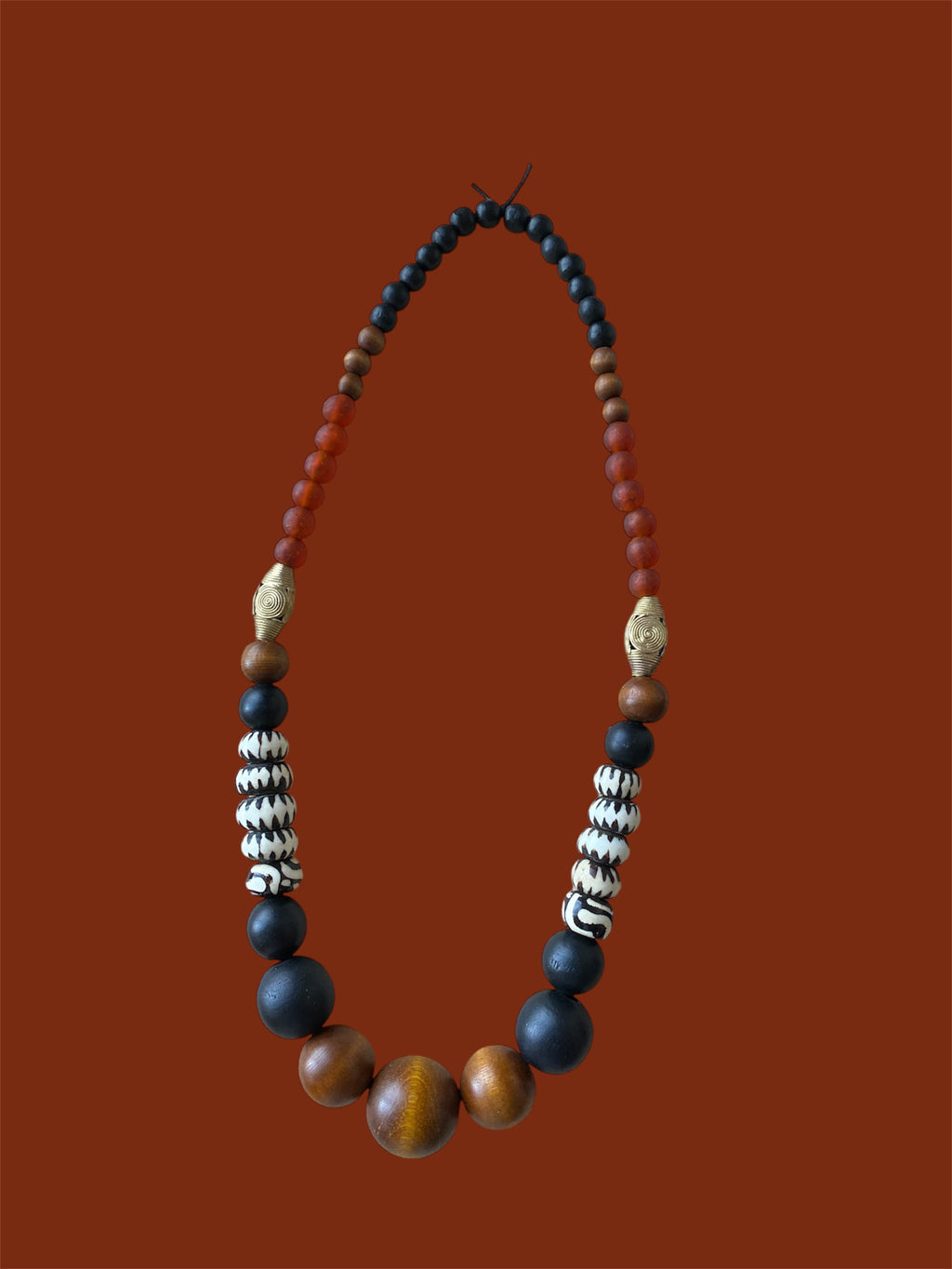 Black & Brown Wooden Bead Statement Necklace with Glass & Brass