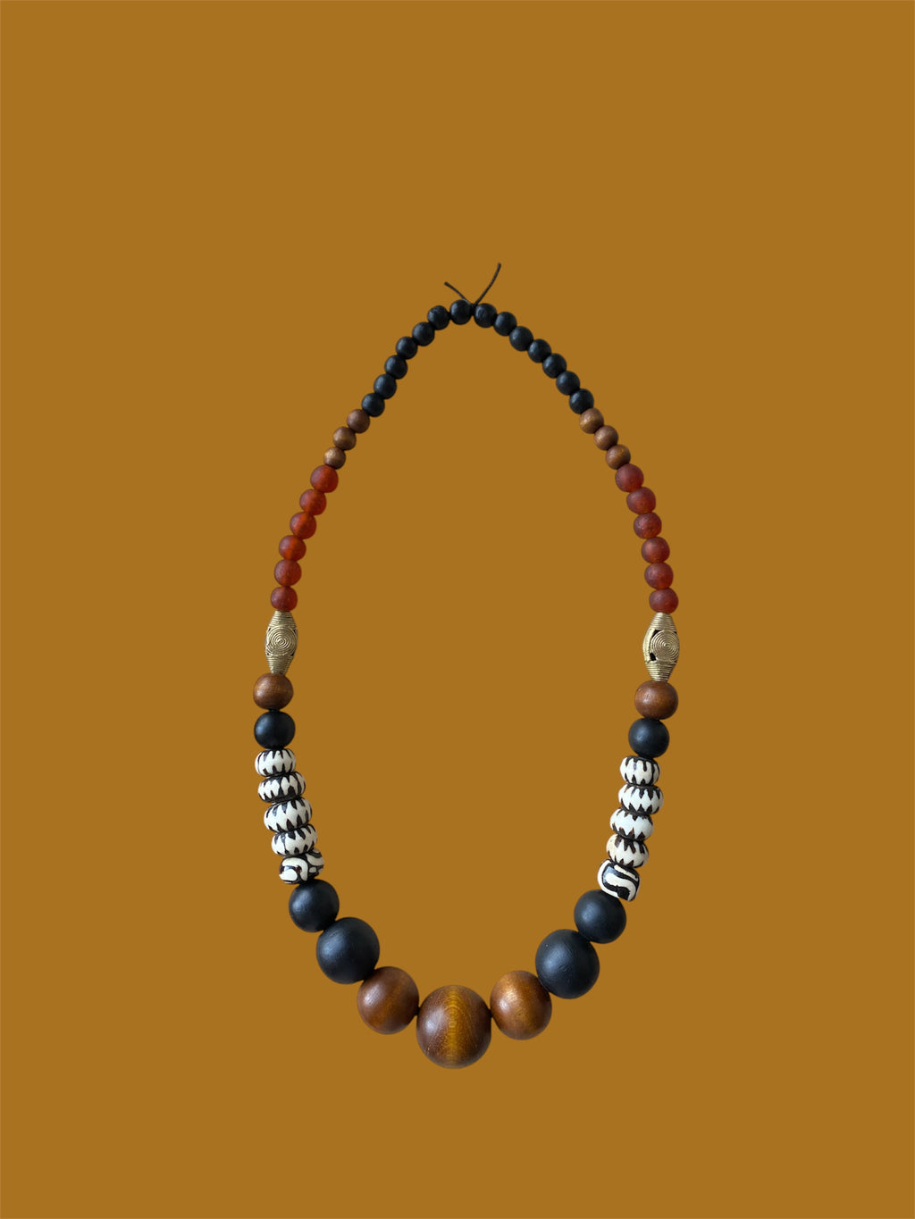 Black & Brown Wooden Bead Statement Necklace with Glass & Brass