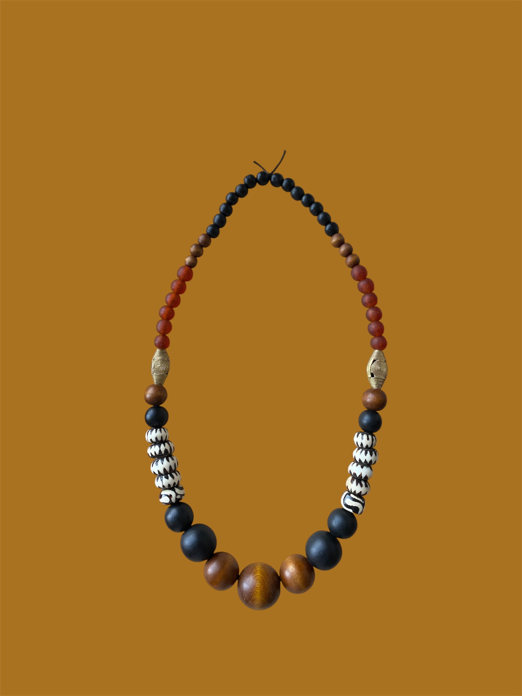 Black & Brown Wooden Bead Statement Necklace with Glass & Brass